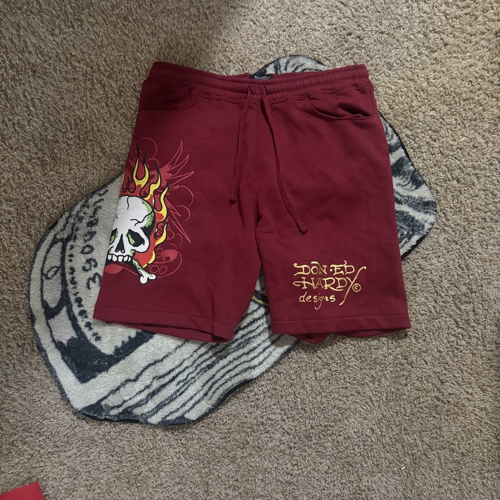 Ed Hardy Men's Burgundy Skull & Flame Lounge Shorts